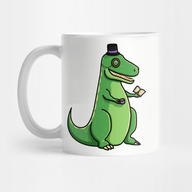 Fancy Tea-Rex, Trex, Dinosaur in a Top Hat Reading a Book with a Cup of Tea and a Monocle by AlmightyClaire